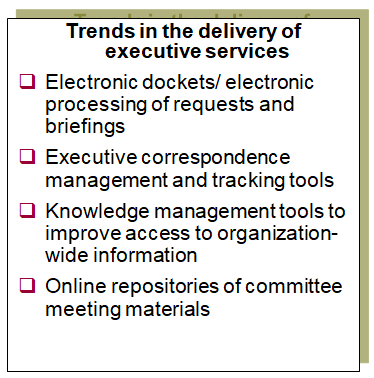 This chart identifies examples of trends and pressures in the delivery of the executive services function in the public sector.
