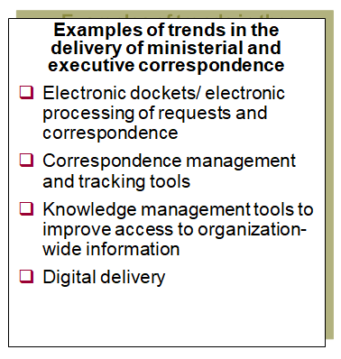 This chart provides examples of trends and external pressures in the delivery of the ministerial and executive correspondence function.