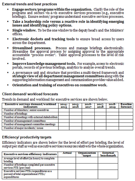 Executive services operational plan template: external trends/best practices, client demand/workload forecasts, and efficiency targets.