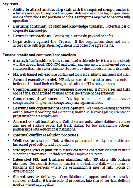 Human resources management operational plan template: key risks, external trends and common/best practices.