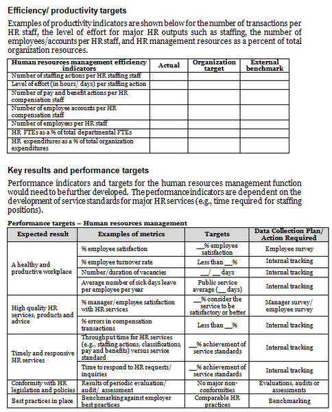 Human resources management operational plan template: efficiency targets and key results/performance targets.