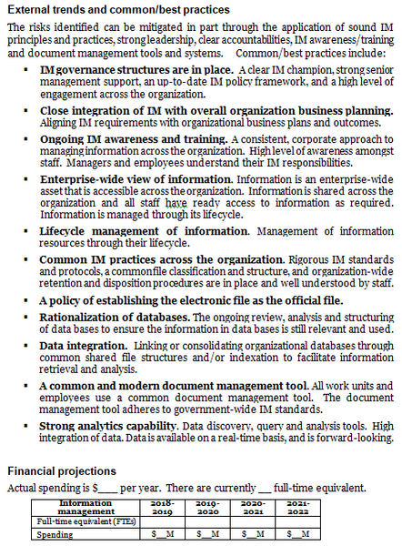 Information management operational plan template: external trends, common/best practices and financial projections.