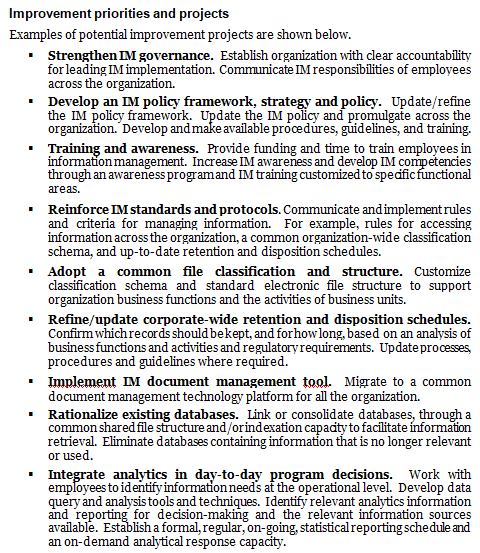 Information management operational plan template: examples of improvement priorities and projects relevant to the information management function.