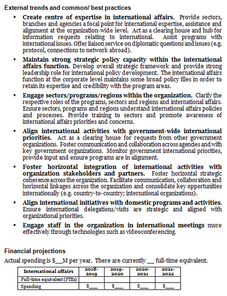 International affairs operational plan template: external trends and common/best practices, and financial projections.