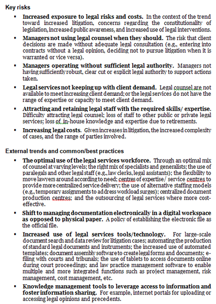 Legal services operational plan template: key risks, external trends and common/best practices.