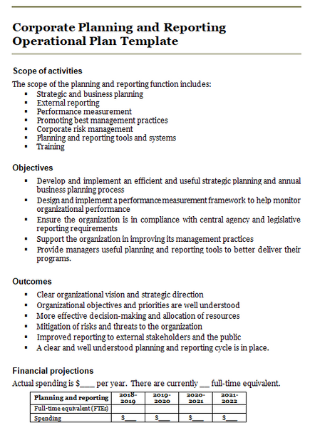 Corporate planning and reporting operational plan template: activities, objectives, outcomes and financial projections.