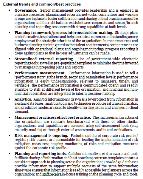 Corporate planning and reporting operational plan template: external trends and common/best practices.