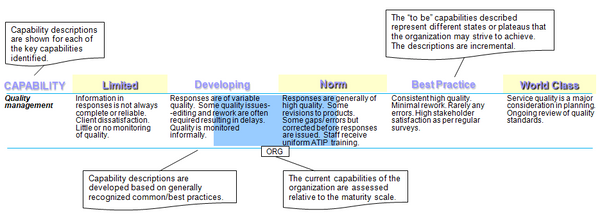 This chart explains how access to information and privacy capabilities are assessed using a five level capability maturity model.