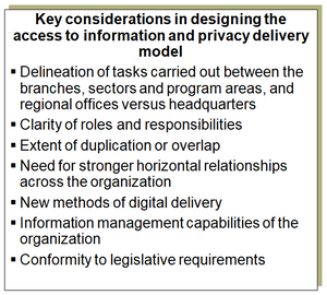 Key factors to consider in designing the access to information and privacy delivery model.
