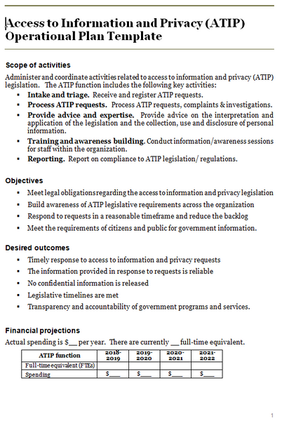 Access to information and privacy operational plan template page 1.