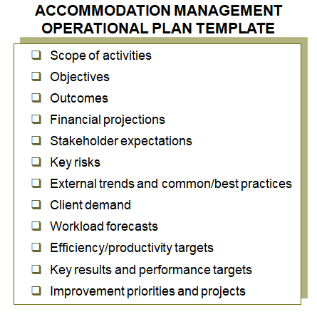 Lists the elements of the accommodation management operational plan template.