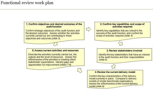 Summary work plan of the internal audit services functional review.