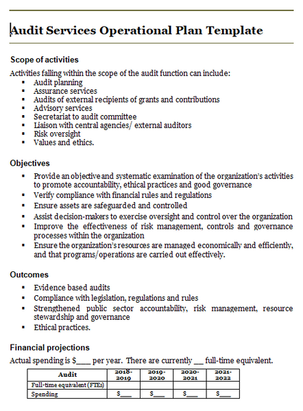 Audit services operational plan template: activities, objectives, outcomes and financial projections.