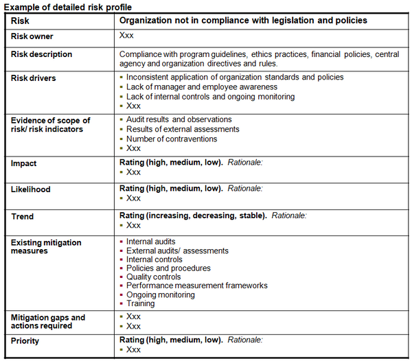 This chart provides an example of the templates for more detailed profiles or descriptions of the internal audit risks identified.