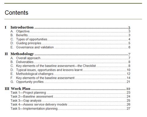 Table of contents of the baseline assessment guide and work plan.