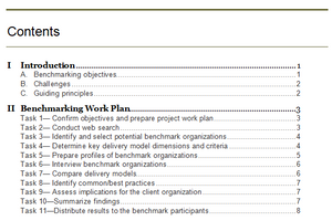 This image presents the table of contents of the Benchmarking Guide.