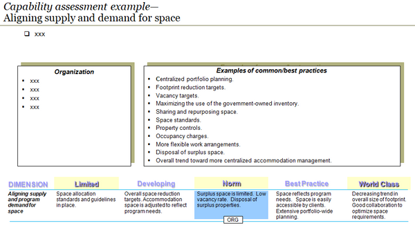 Example of a capability assessment for a capability identifying common/best practices and an assessment the current level of capabilities based on the five level maturity scale.