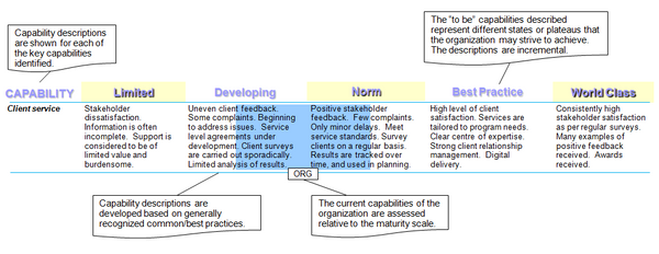 Example of maturity model used to assess capabilities for a specific key capability.