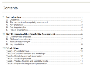 Table of contents of the capability assessment guide and work plan.
