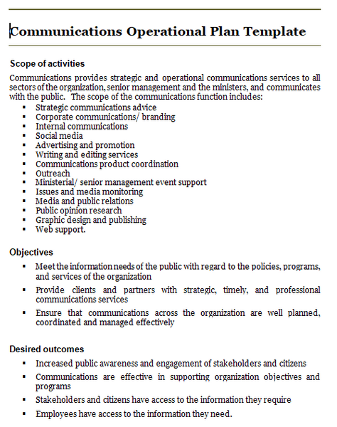 Communications function operational plan template: activities, objectives and desired outcomes.