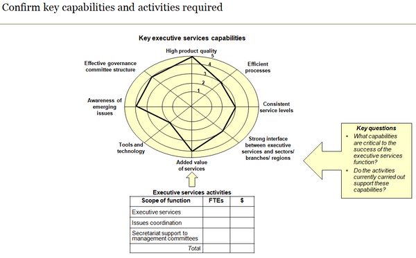 Template to identify key executive services capabilities and activities required to support capabilities.