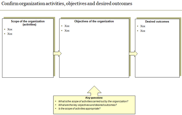 Template to confirm organization activities, objectives and desired outcomes.