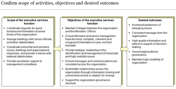 Template to confirm scope of the executive services function, objectives and desired outcomes.