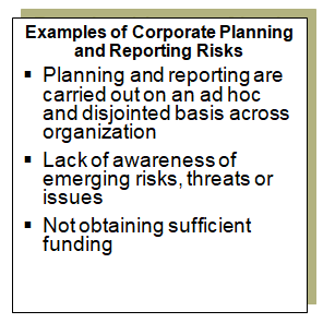 Examples of risks related to the corporate planning and reporting function in government agencies.
