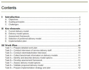 This image presents the table of contents of the Delivery Model Option Assessment Guide and Work Plan.
