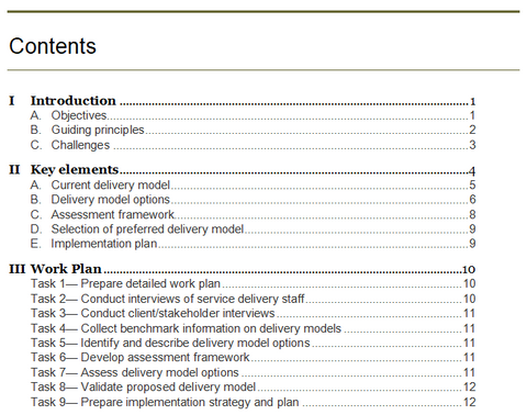 This image presents the table of contents of the Delivery Model Option Assessment Guide and Work Plan.