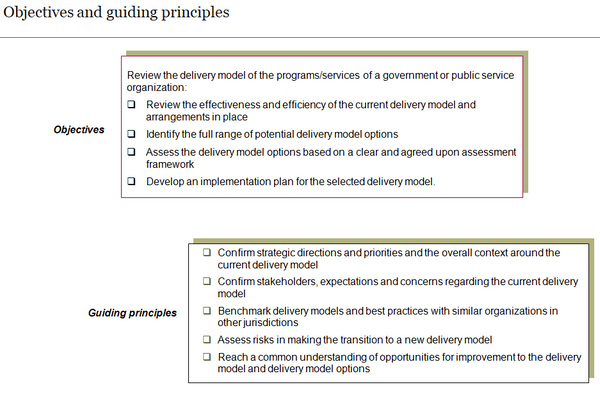 Delivery model option assessment objectives and guiding principles.