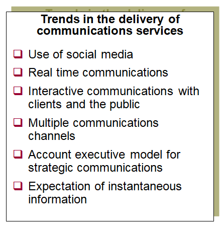 This summary chart provides examples of trends and pressures related to the communications function.