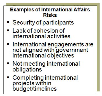 This summary chart provides examples of international affairs risks in government agencies.