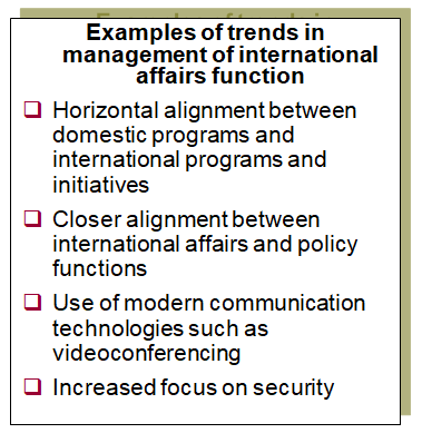 This chart identifies examples of trends and pressures in the management of the international affairs function in government agencies.