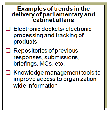 This chart provides examples of trends in the delivery of the parliamentary and cabinet affairs function.