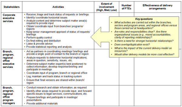Template indicating potential delineation of responsibilities for executive services at different levels of the organization.