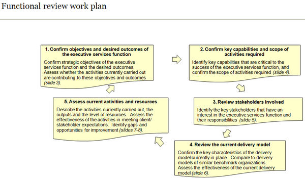 Summary of the executive services functional review work plan.