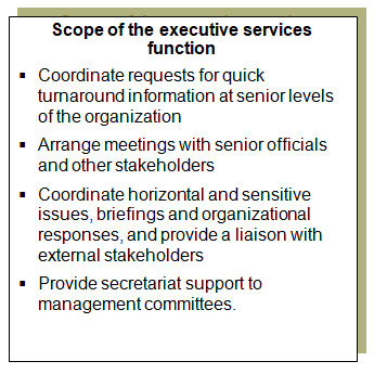This chart lists typical activities of the executive services function.
