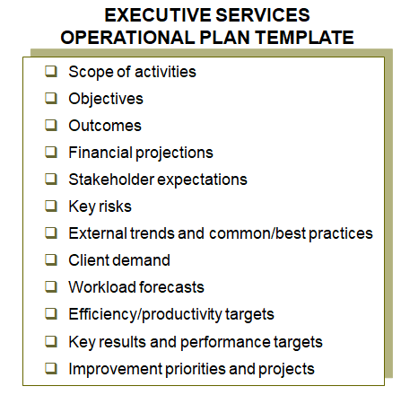 Lists the elements of the executive services operational plan template.