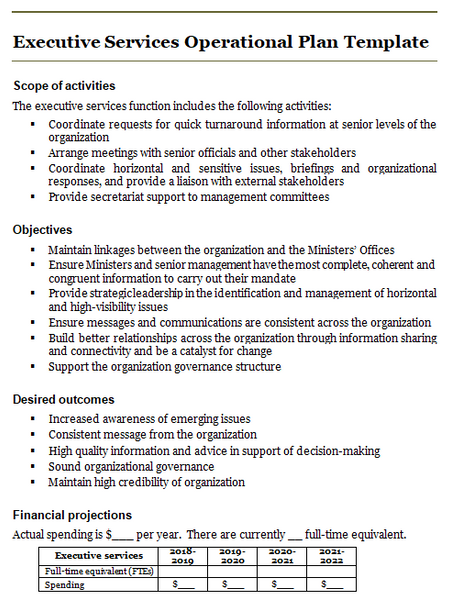 Executive services operational plan template: activities, objectives, outcomes and financial projections.