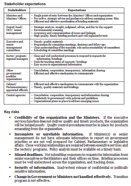 Executive services operational plan template: stakeholder expectations and key risks.