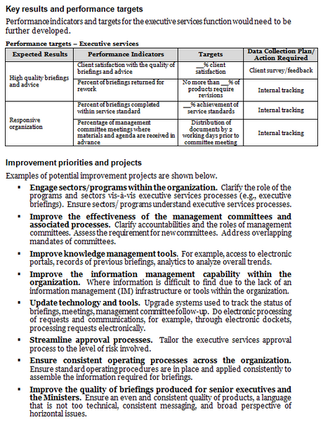 Executive services operational plan template: key results/performance targets and examples of improvement priorities and projects.