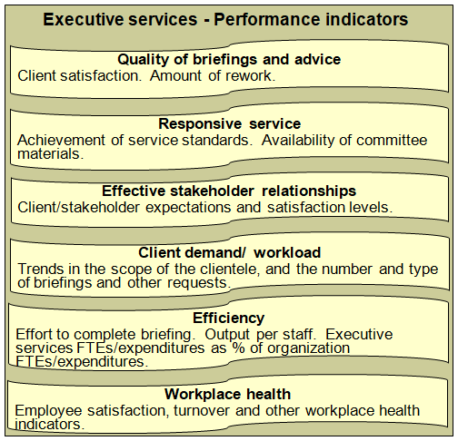 Summary of performance indicators for the executive services function in government agencies.