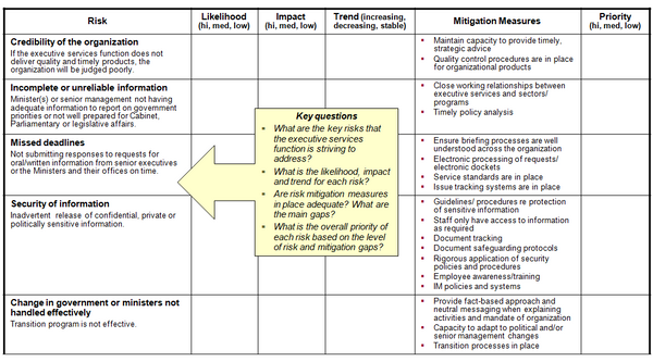 This chart provides a summary template for the risk profile for the executive services function in the public sector.