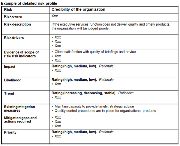 This chart provides an example of the templates for more detailed profiles or descriptions of the executive services risks identified.