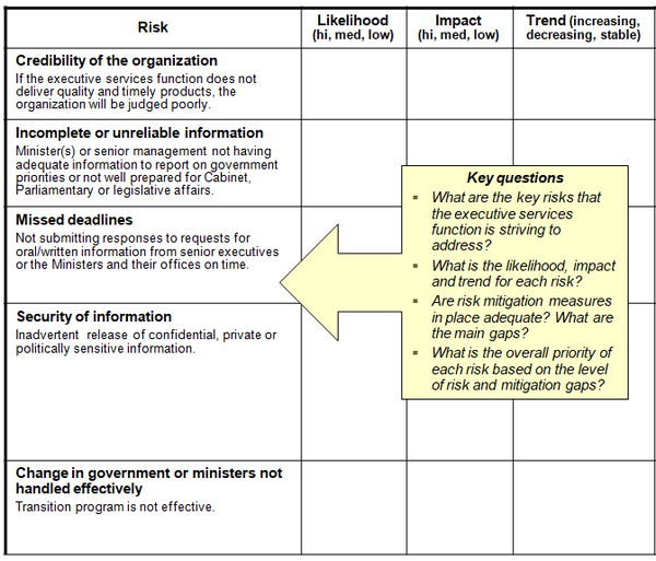 This chart identifies examples of risks addressed by the executive services function in the public sector.