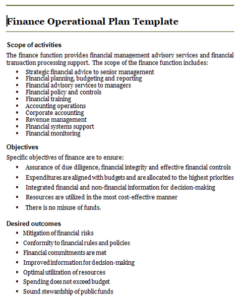 Finance operational plan template: activities, objectives and desired outcomes.