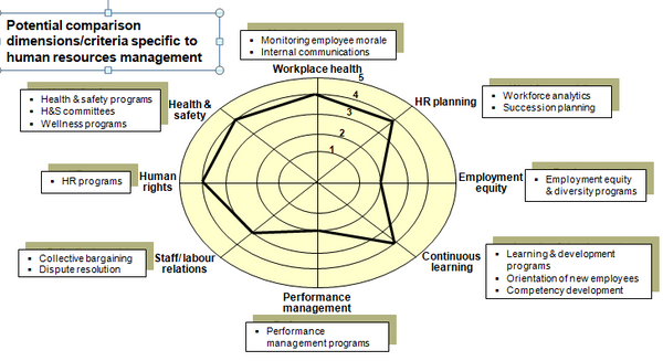 This chart identifies dimensions and criteria that can be used to benchmark the human resources management function with other public sector jurisdictions.