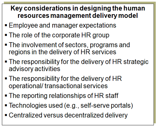 Key factors to consider in designing the human resources management delivery model.