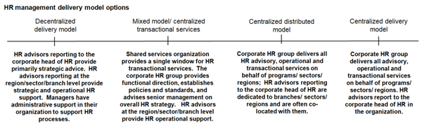 This chart describes options for the delivery of the human resources management function in the public sector.